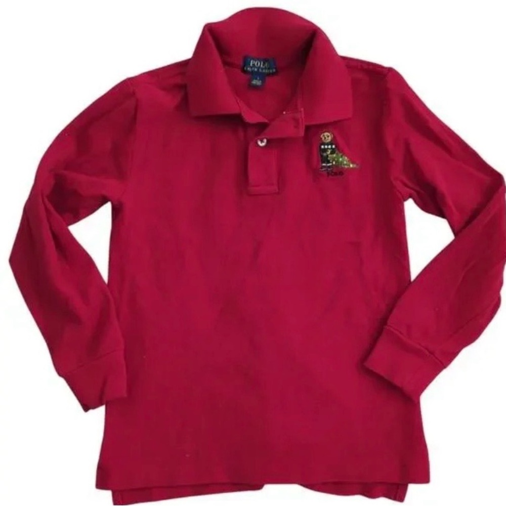Polo by Ralph Lauren Kids Bright Red Long Sleeve Polo Teddy Bear monogram
